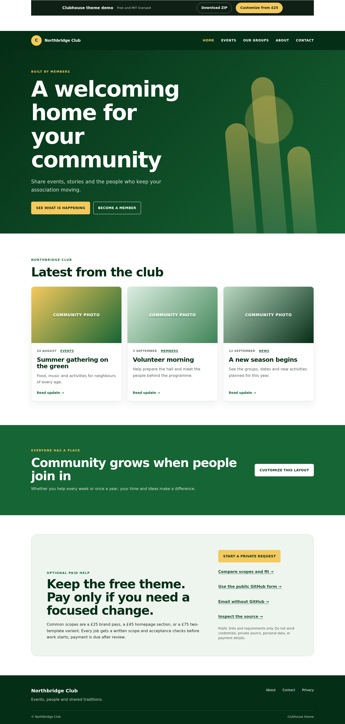 Clubhouse Publii association theme with a forest-green hero and community update cards
