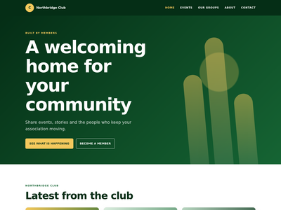 Clubhouse association theme showing a green community homepage and update cards